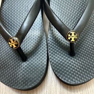 Tory Burch Solid Black Thin wedges Flip Flops  With Gold Logo Sandals Size 6